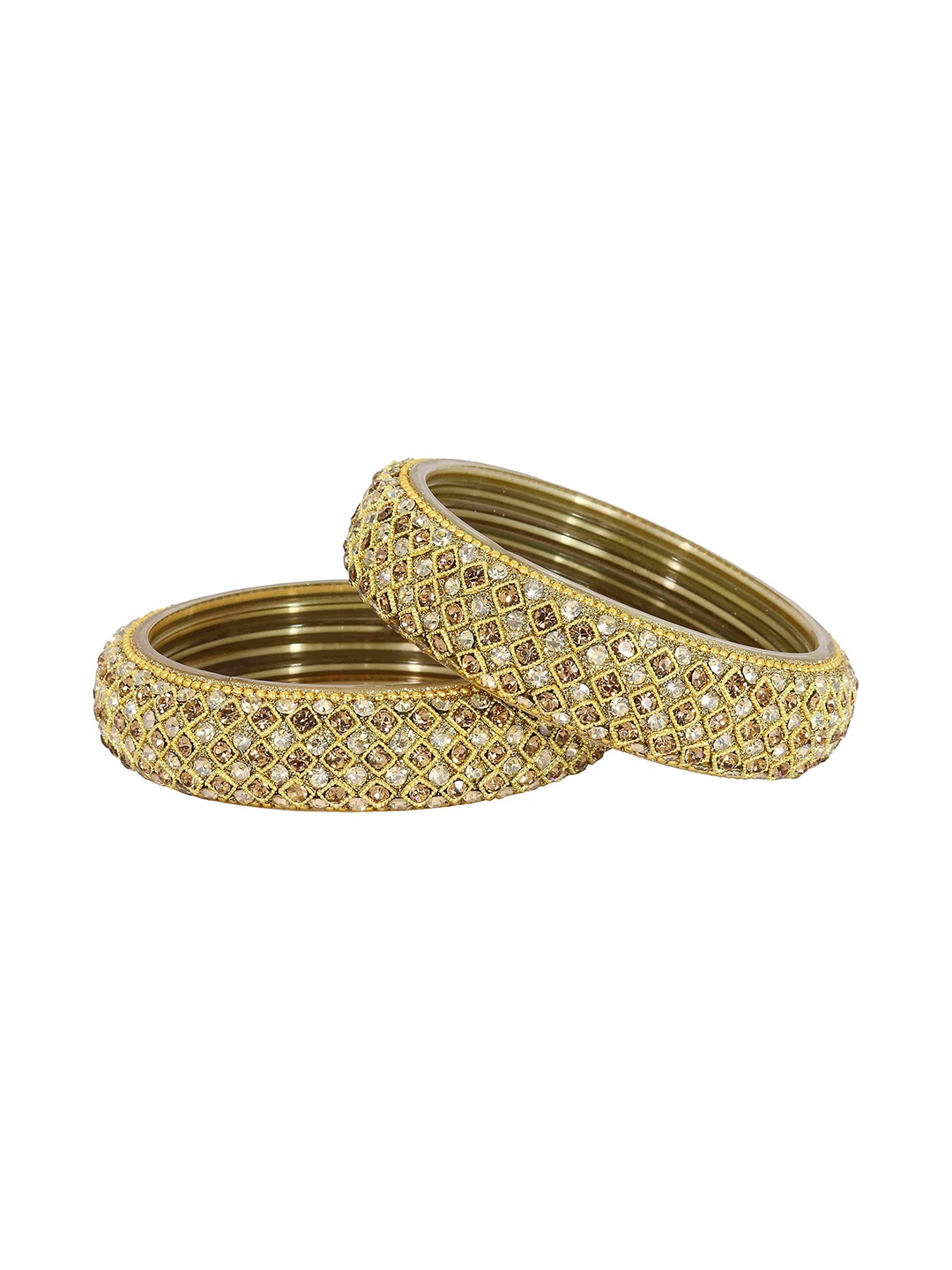 

ZULKA Set of 2 Golden Glass Zircon Stone & Beads Work Kada, Gold