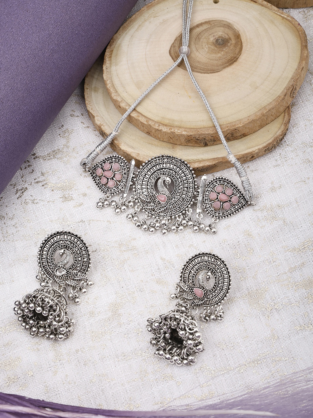 

SUNHARI Stone-Studded Peacock Design Jewellery Set, Silver