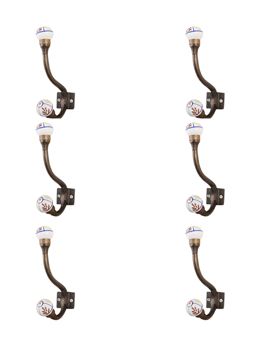 

IndianShelf White & Brown 6 Pieces Floral Printed Ceramic Wall Hooks