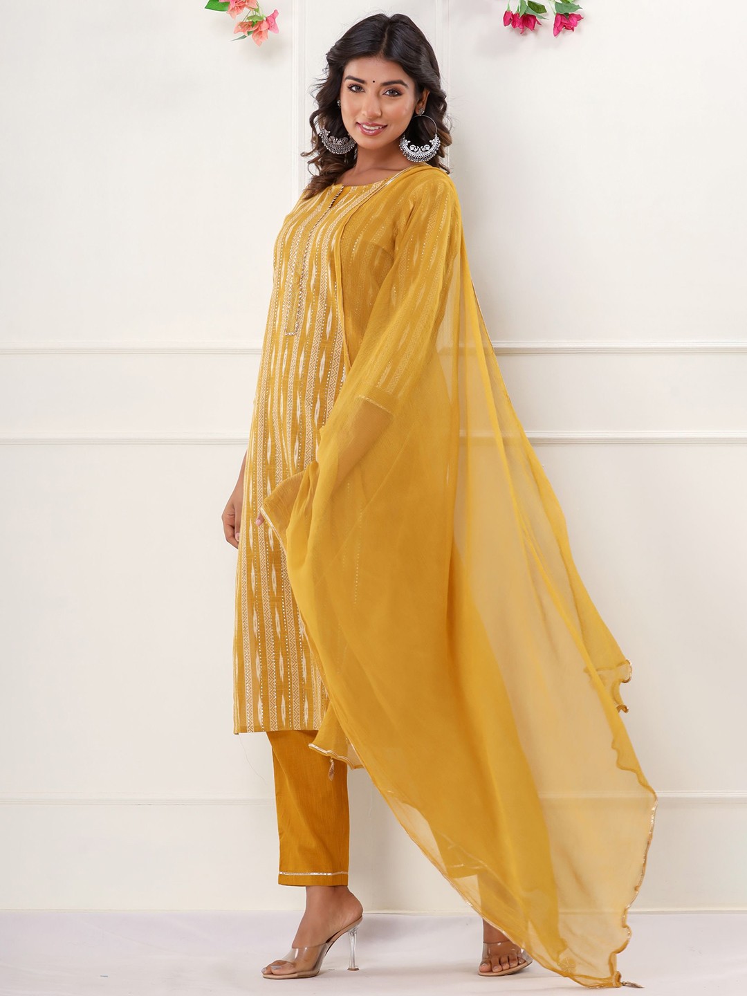 

Chandbaali Women Pure Cotton Printed Kurta with Trousers & With Dupatta, Mustard