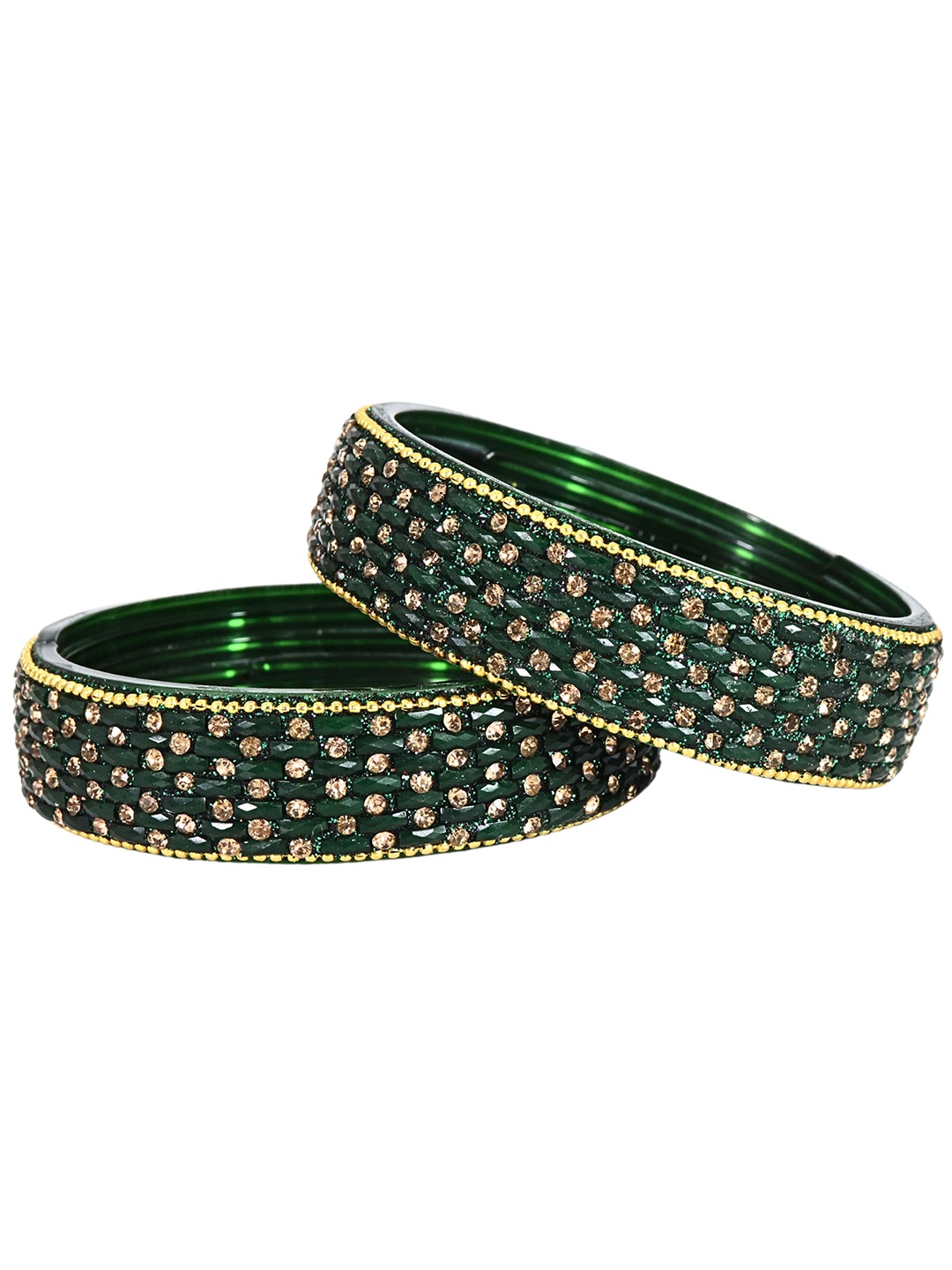 

ZULKASet of 2 Golden Glass Zircon Diamond & Beads Work Kada Bangles, Green