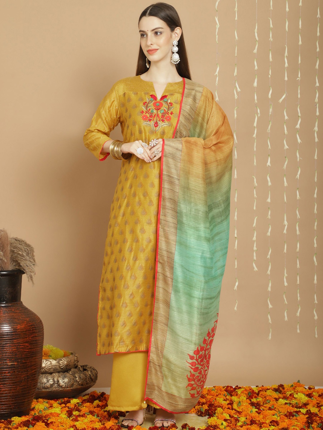 

KSM PRINTS Ethnic Motifs Embroidered Semi-Stitched Dress Material, Mustard