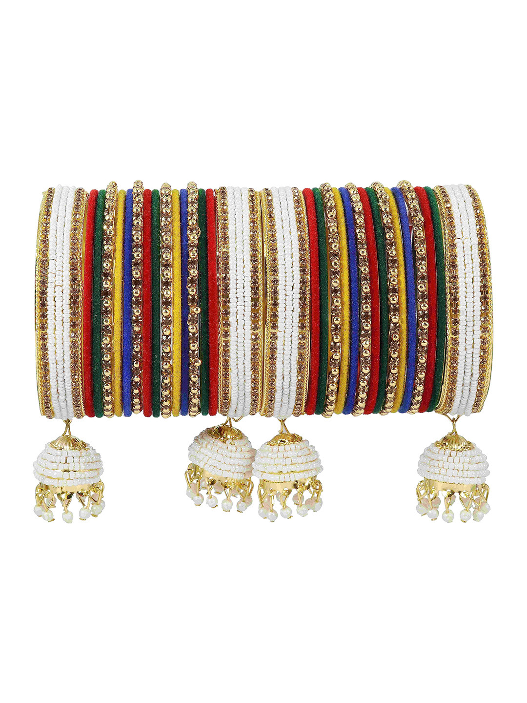

ZULKA Set of 16 Zircon Gemstone and Velvet Adorned Bells Latkan Bangles, Gold