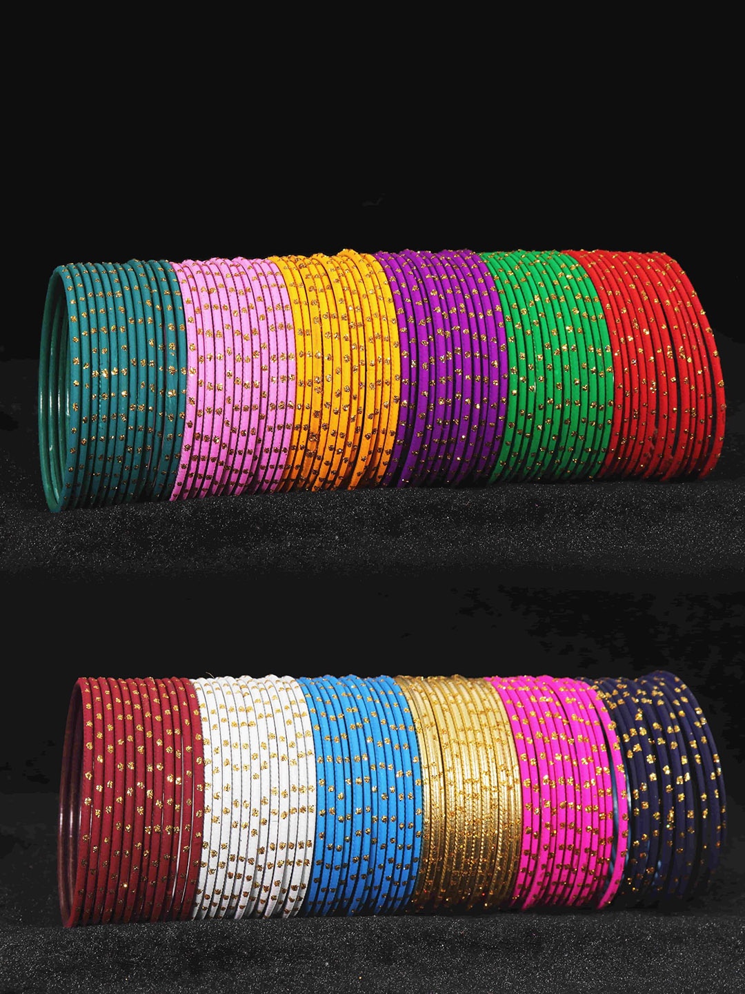 

ZULKA Set of 144 Latest Plain Metal Bangles with Golden Zari Work, Multi