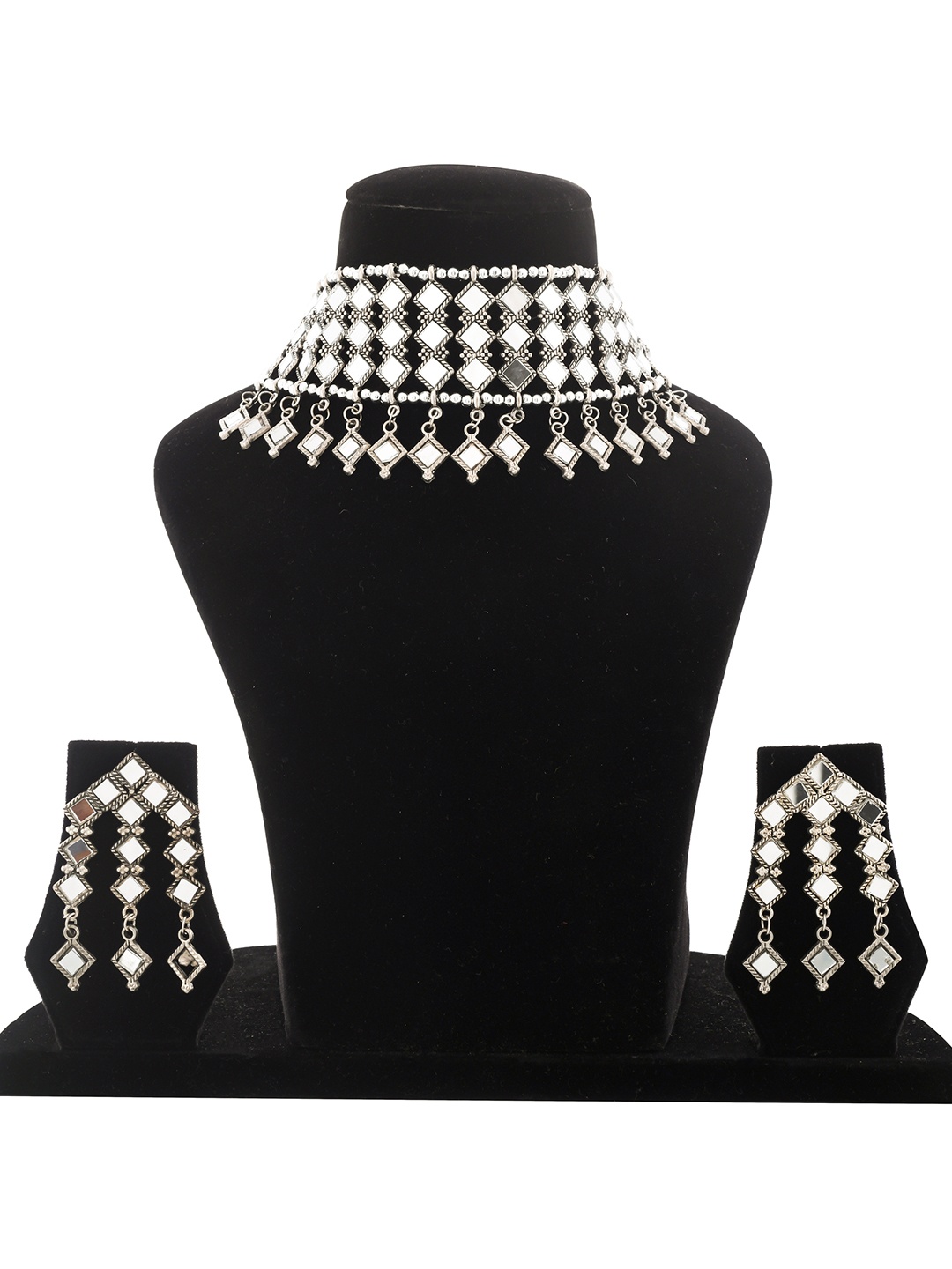 

SUNHARI Mirror Work Oxidised Choker Jewellery Set, Silver