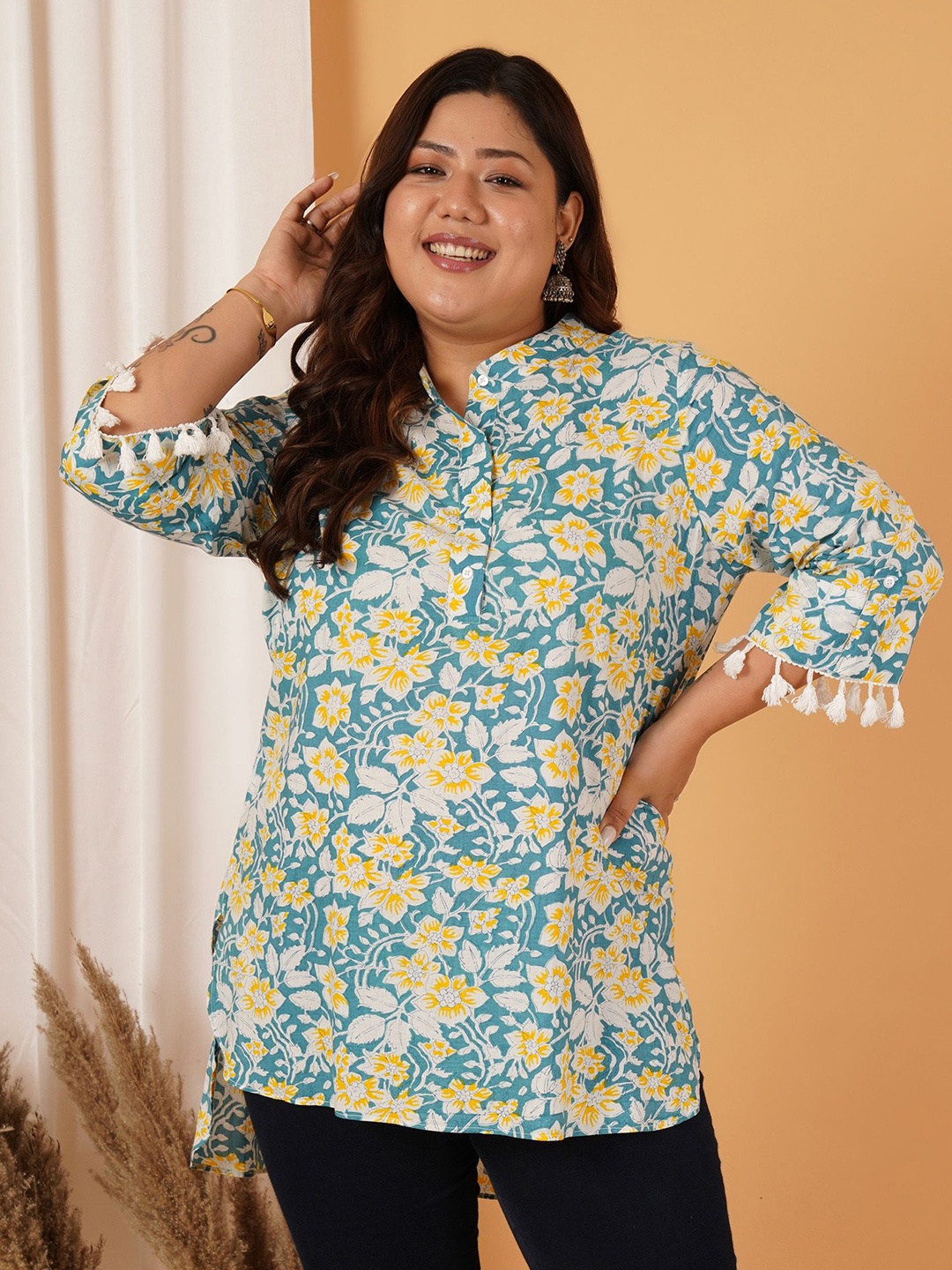 

MOOBA Women Plus Size Floral Printed Mandarin Collar Cotton Top, Green