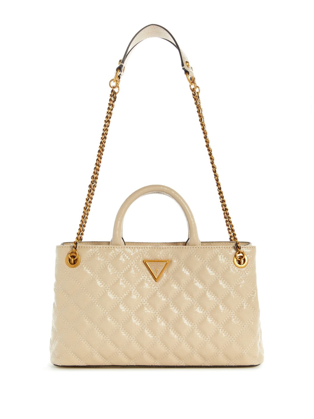 

GUESS Women Self Design Quilted Structured Satchel Bag, Beige