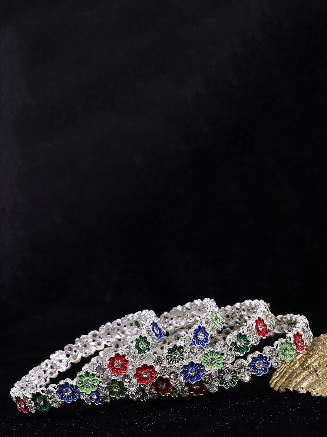

ZULKA Set Of 4 Zircon Meenakari Bangles, White