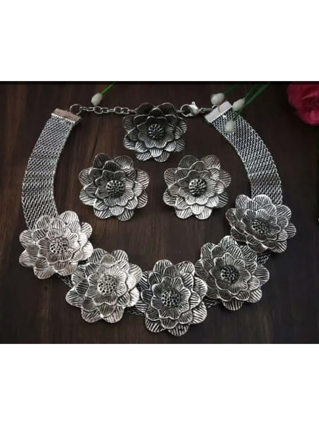 

SUNHARI Oxidised Flower Shaped Jewellery Set, Silver