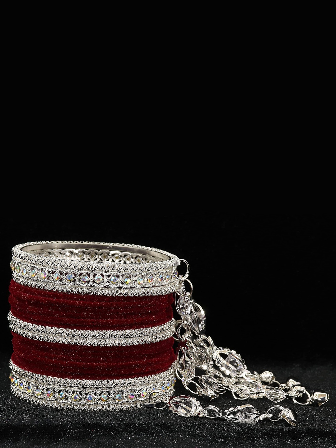 

Set of 40 Metal With Zircon Gemstone and Bells Latkan Linked Velvet Bangles, Red