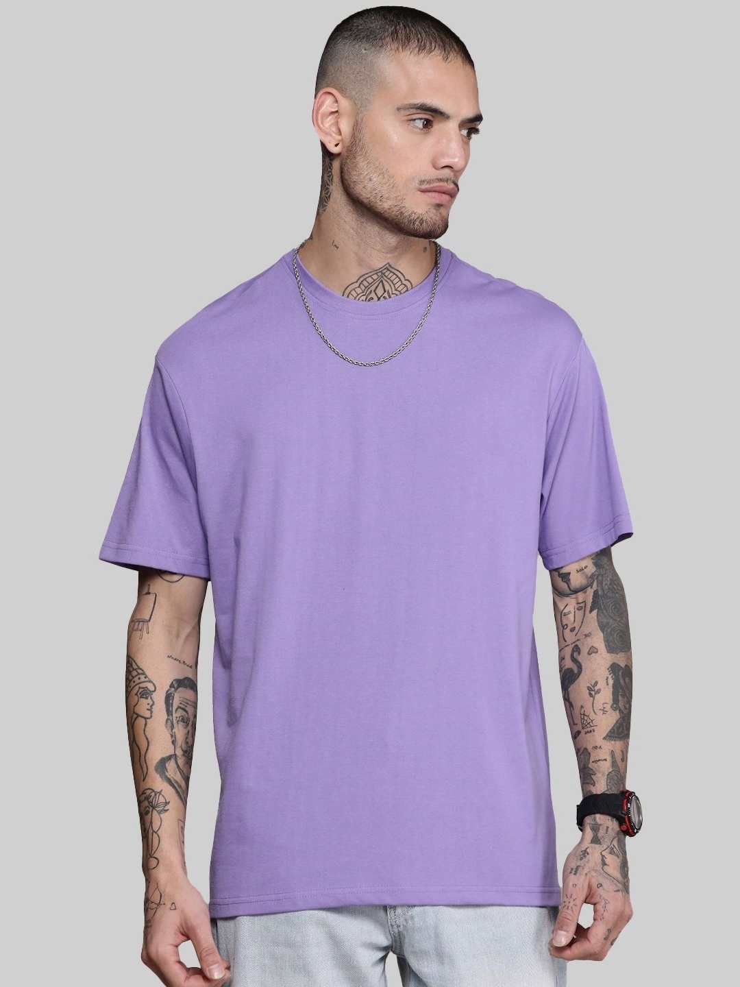

Leotude Men Solid Round Neck Cotton Oversized T-shirt, Lavender