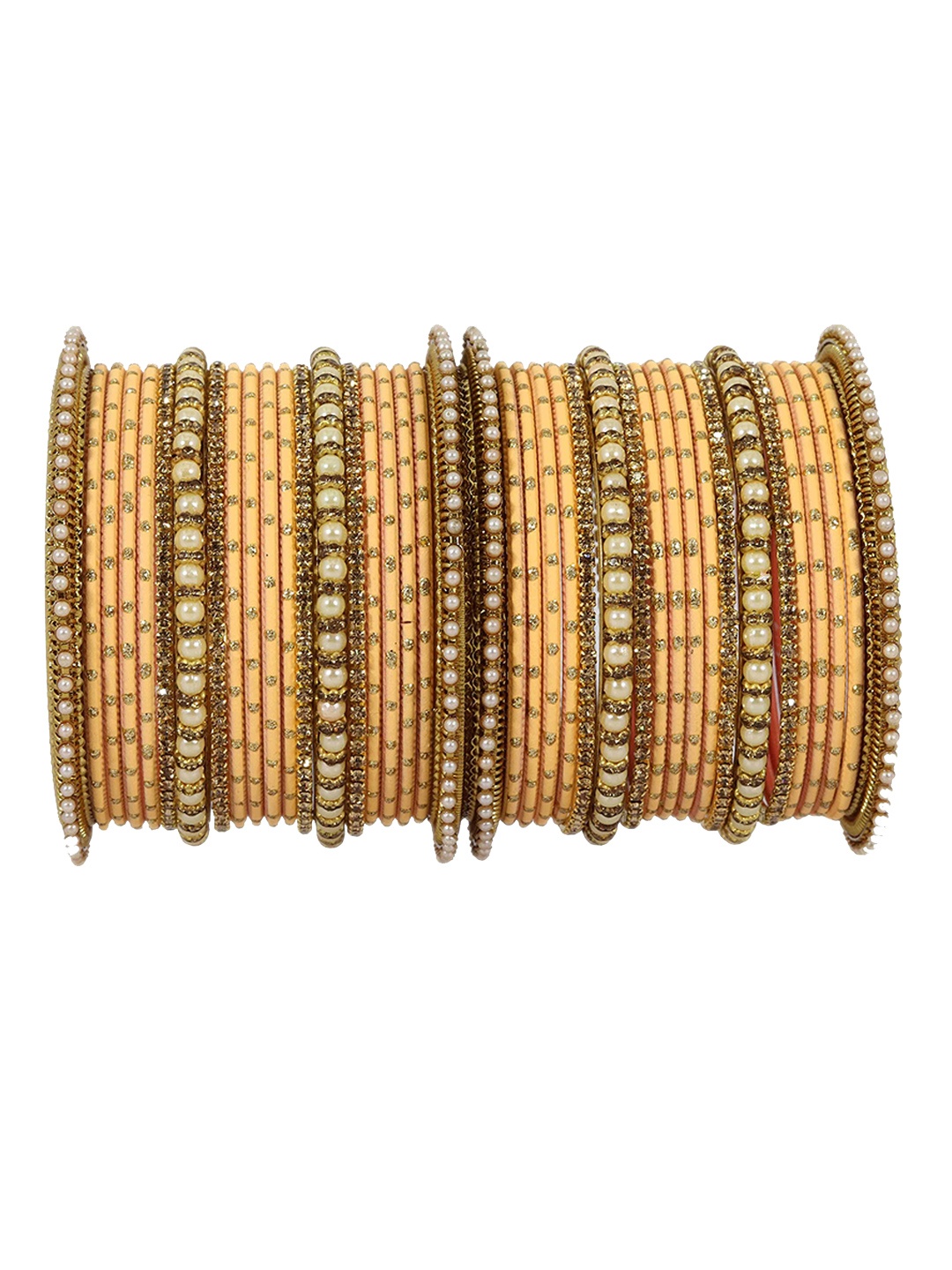 

Set of 40 Non-Precious Metal Base Studded with Zircon Gemstone Pearls Studded Bangles, White