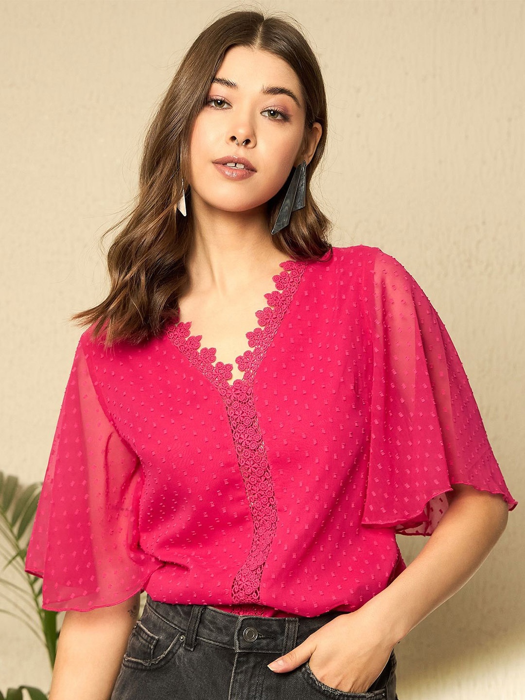 

Berrylush Women Self Design Flared Sleeve Top, Pink