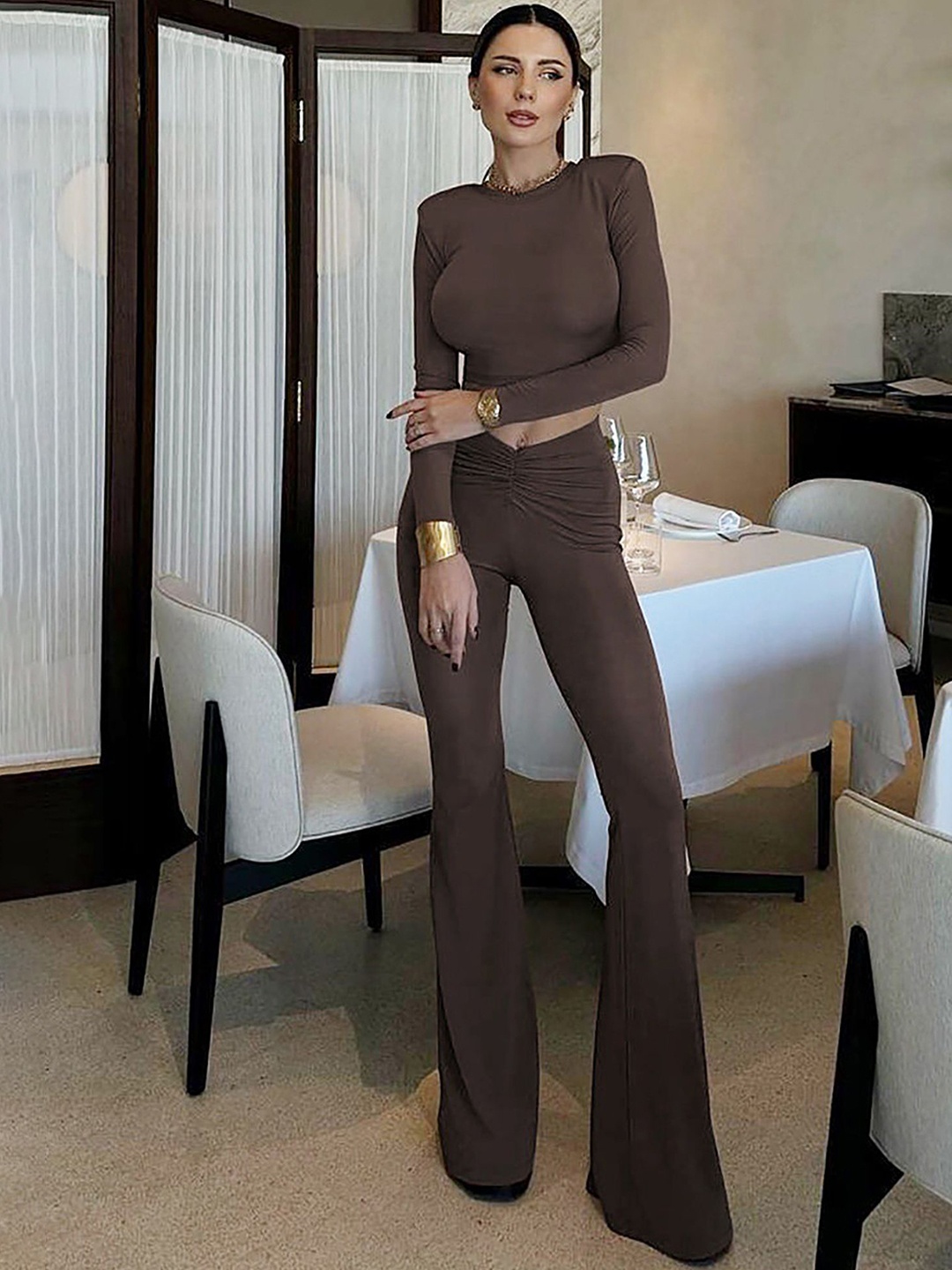 

LULU & SKY Long Sleeves Top With Trouser, Brown