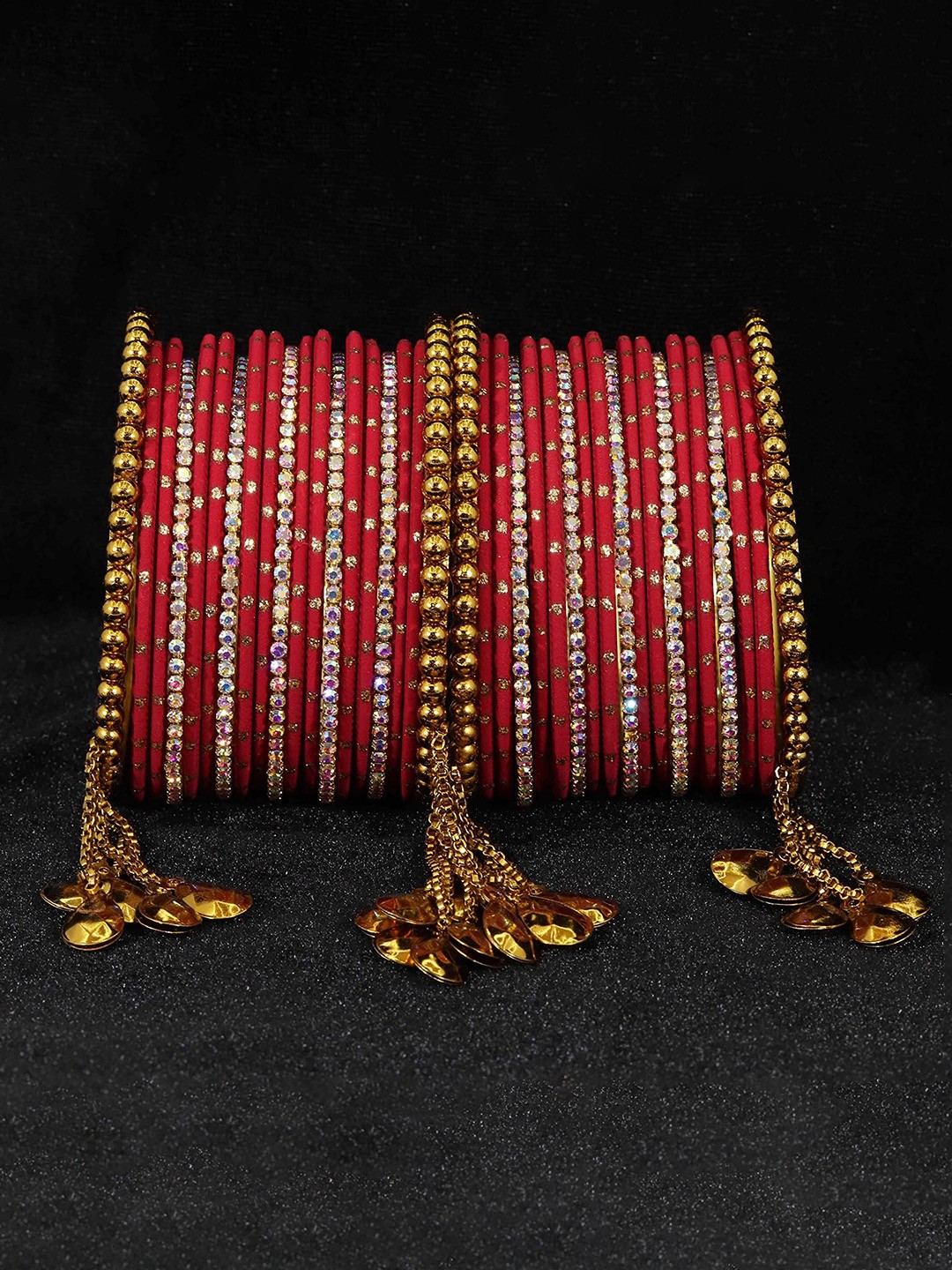 

ZULKA Set of 38 Non-Precious Metal with Zari Dotted and Rainbow Zircon Gemstone Bangles, Red