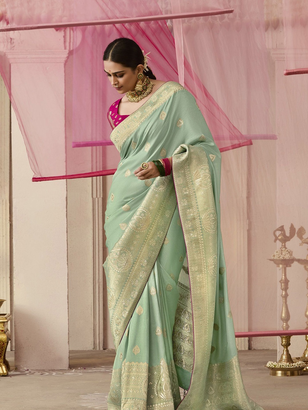 

MAHALASA Woven Design Zari Pure Silk Banarasi Saree, Green