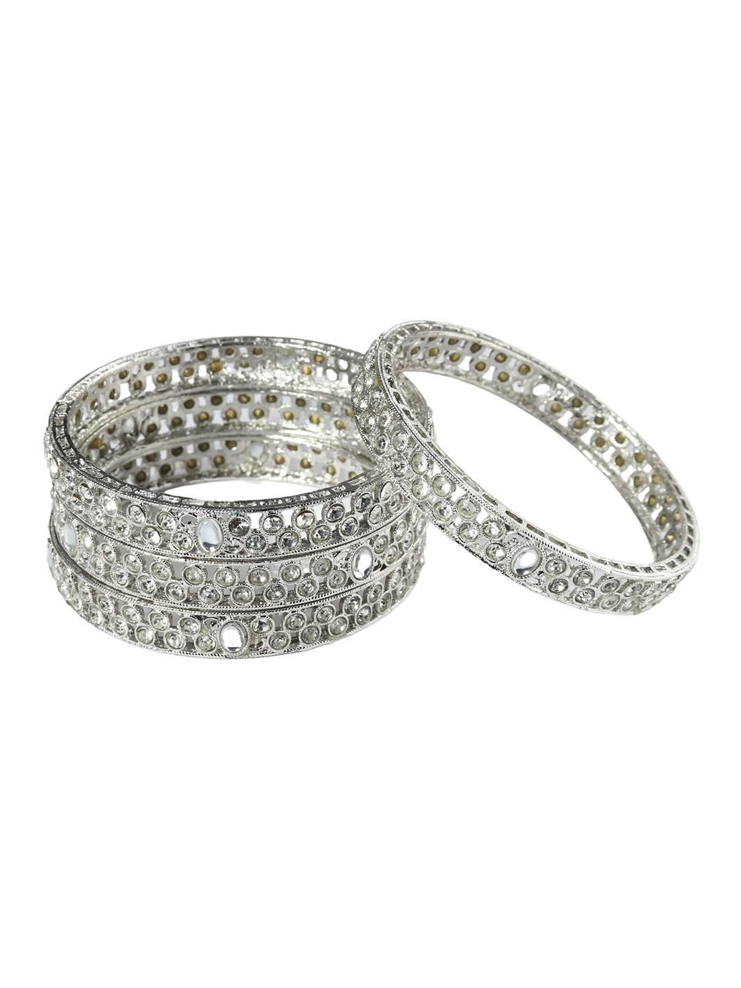 

ZULKA Set of 4 Metal Zircon Diamond & Kundan Stone Bangles, Silver