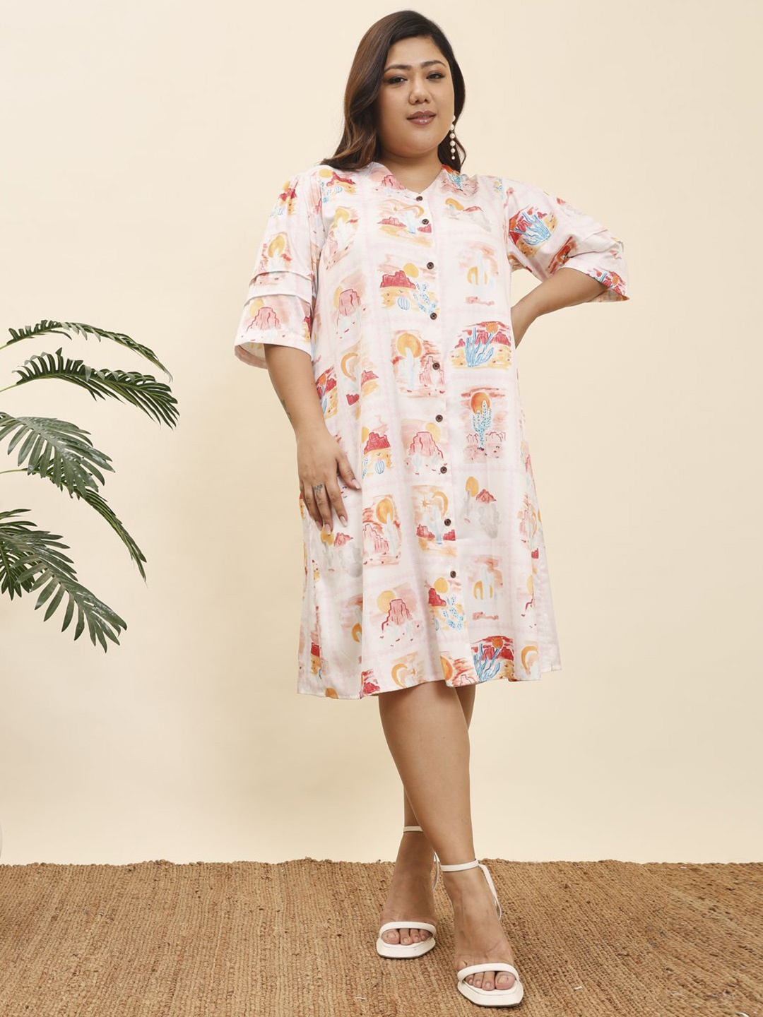 

MOOBA Women Plus Size Printed A-Line Dress, Beige