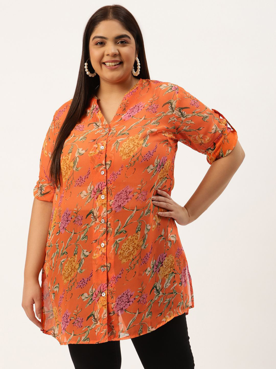 

theRebelinme Women Plus Size Relaxed Collarless Floral Printed Oversized Casual Shirt, Orange