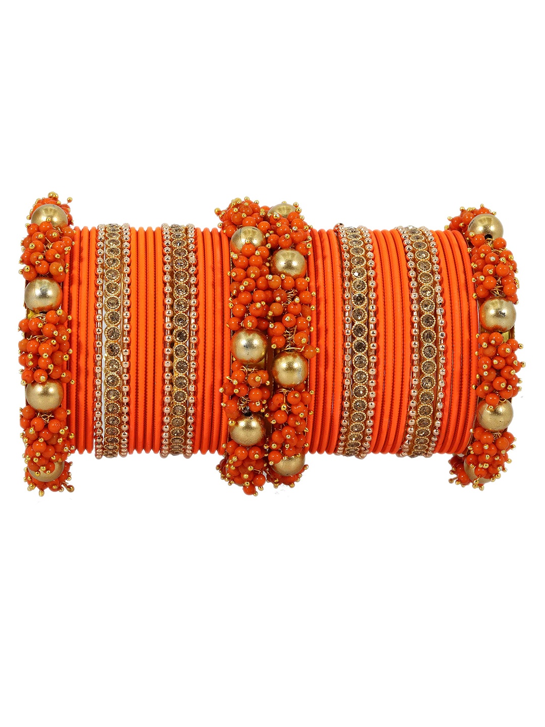 

ZULKA Set of 42 Zircon Gemstone with Pearls Studded Matte Bangles, Orange