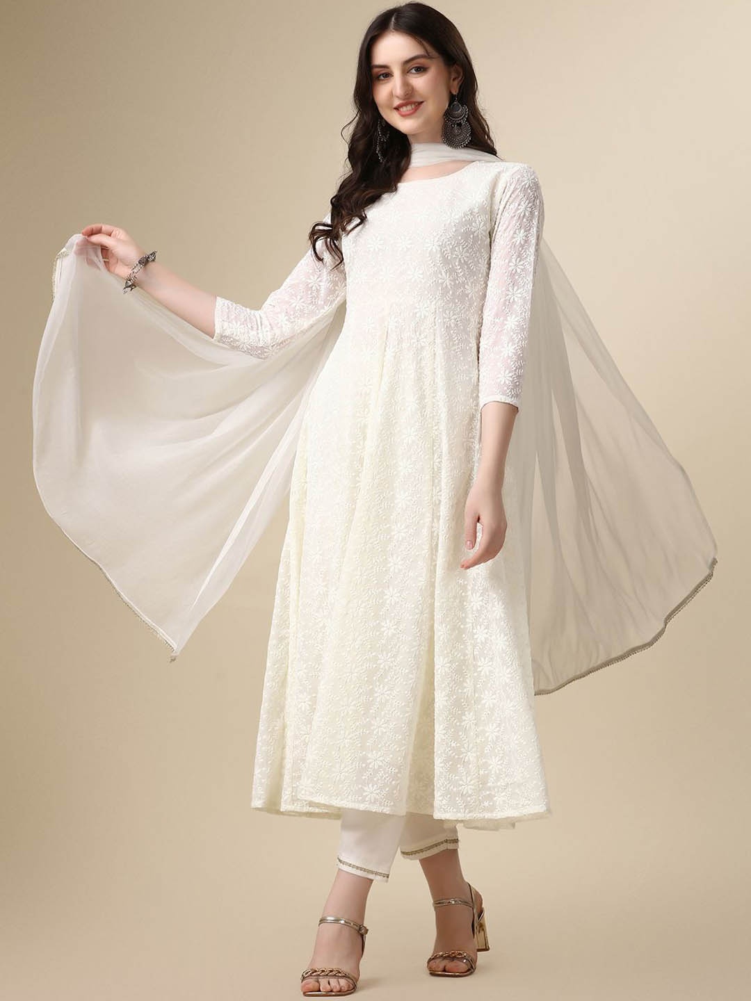 

KALINI Women Embroidered Panelled Sequinned Kurta with Trousers & With Dupatta, White