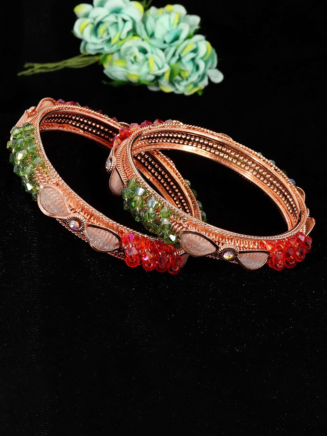 

ZULKA Set of 2 Rose-Gold Plated Metal with Pearls & Zircon Stone Bangles, Multi