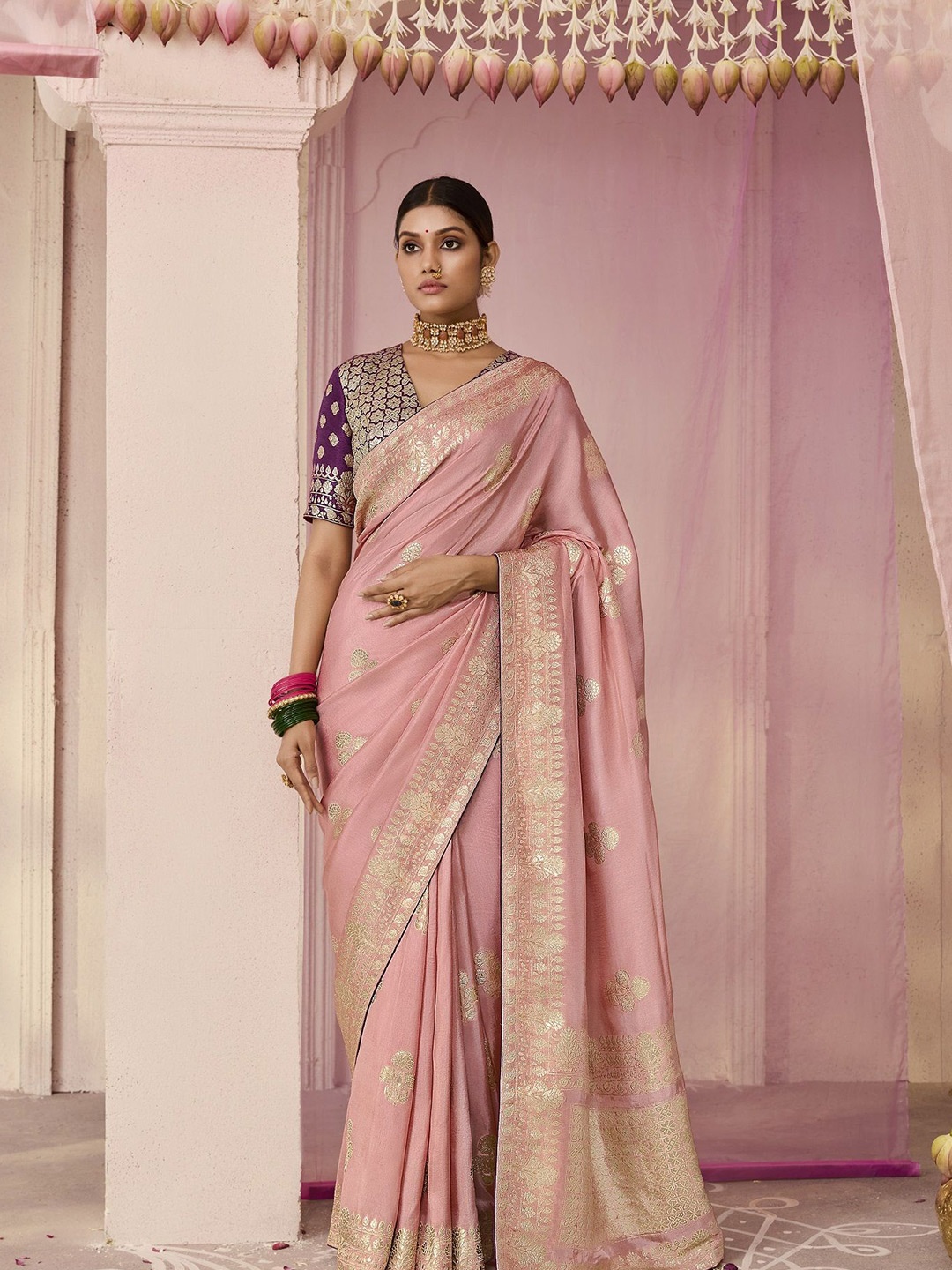 

MAHALASA Woven Design Zari Pure Silk Banarasi Saree, Peach