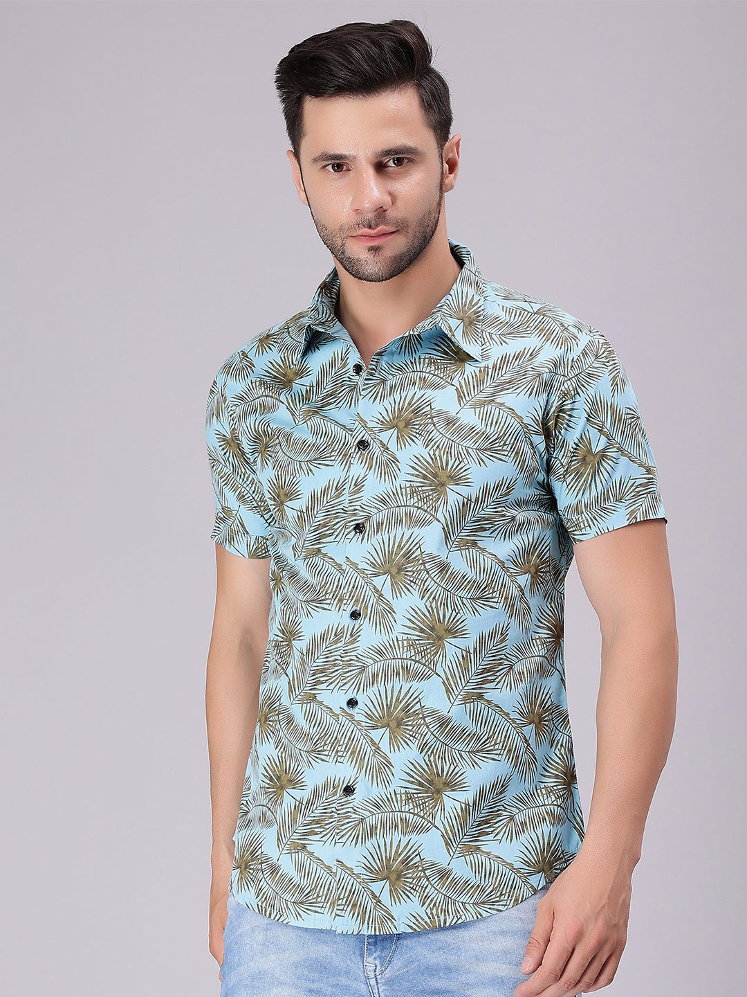 

HERE&NOW Men Comfort Spread Collar Floral Printed Cotton Casual Shirt, Sea green