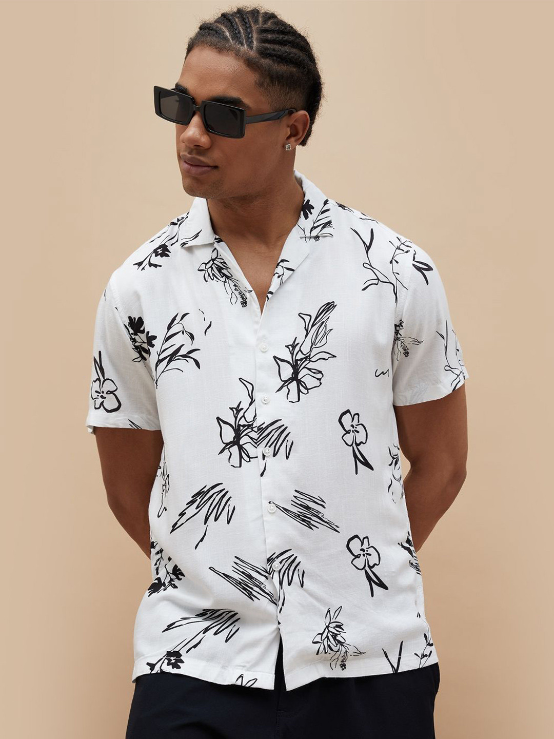 

Fame Forever by Lifestyle Men Cuban Collar Floral Printed Casual Shirt, White