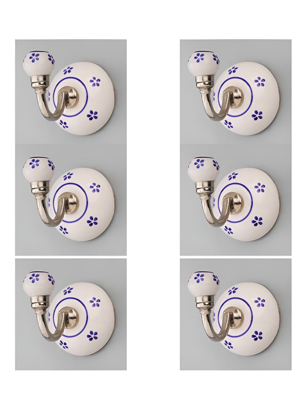 

IndianShelf White & Silver-Toned 6 Pieces Floral Printed Ceramic Wall Hooks