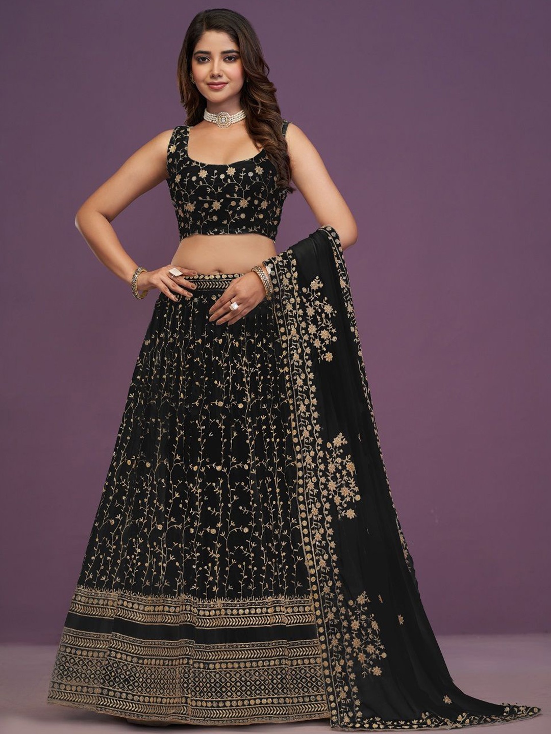 

JIHU CULTURE Embroidered Semi-Stitched Lehenga & Unstitched Blouse With Dupatta, Black