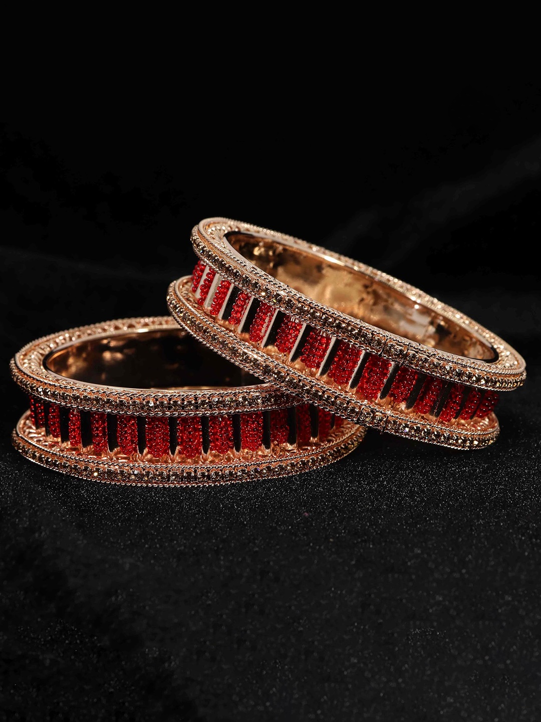 

ZULKA Set of 2 Traditional American Diamond Stone Metal Kada Bangles For Women, Red