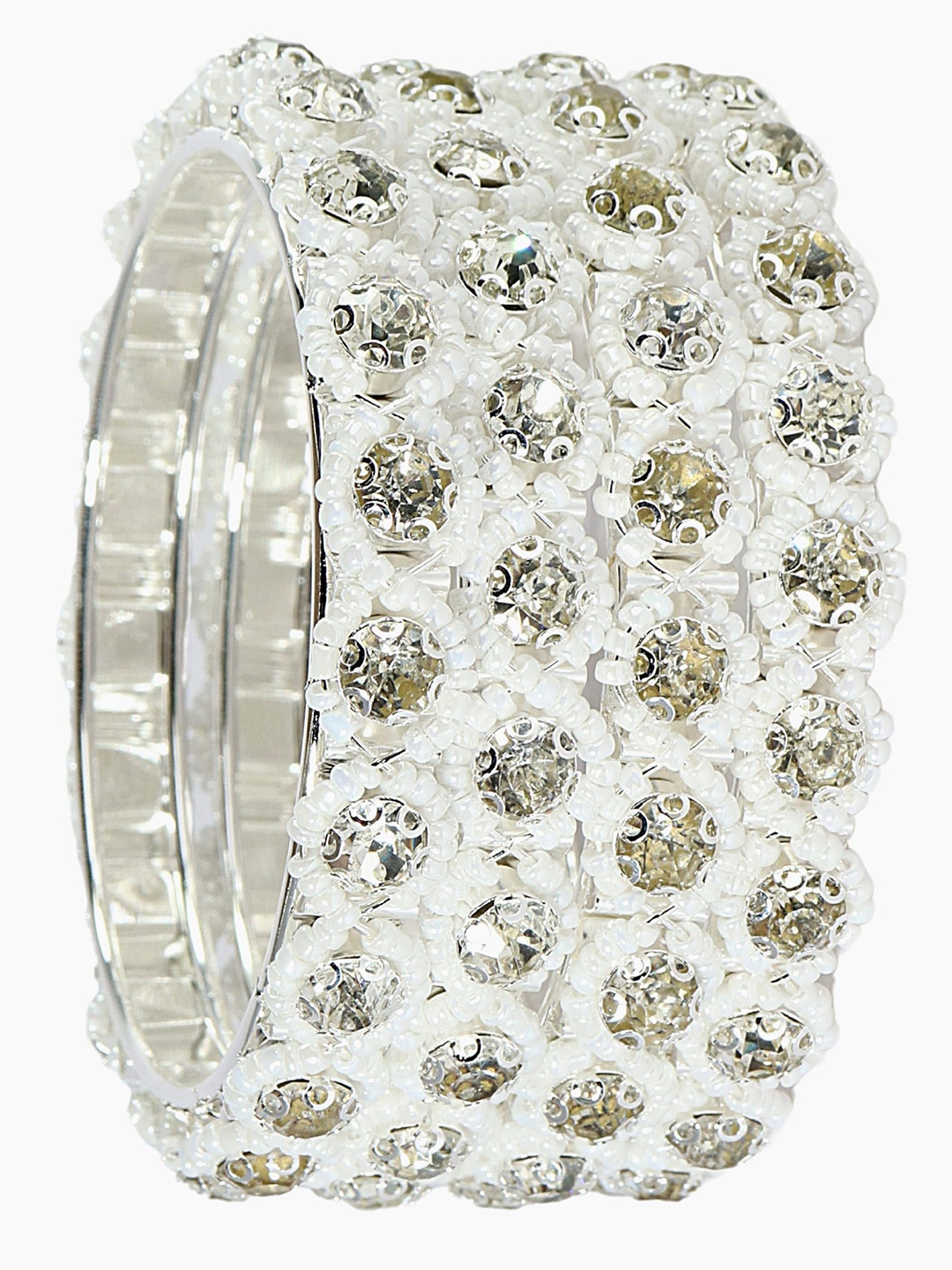 

ZULKA Set of 4 Women Metal Stone Studded Moti Bangles, Silver