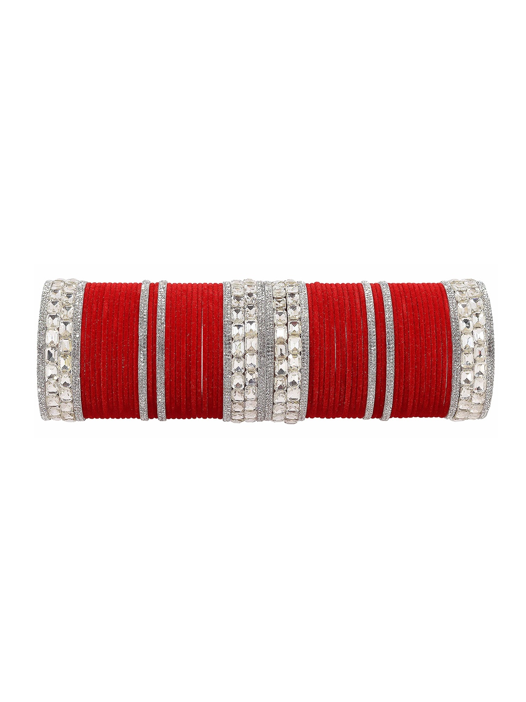 

ZULKA Set of 52 Alloy Metal with Zircon Gemstone Pearls & Velvet Studded Bangles, Peach