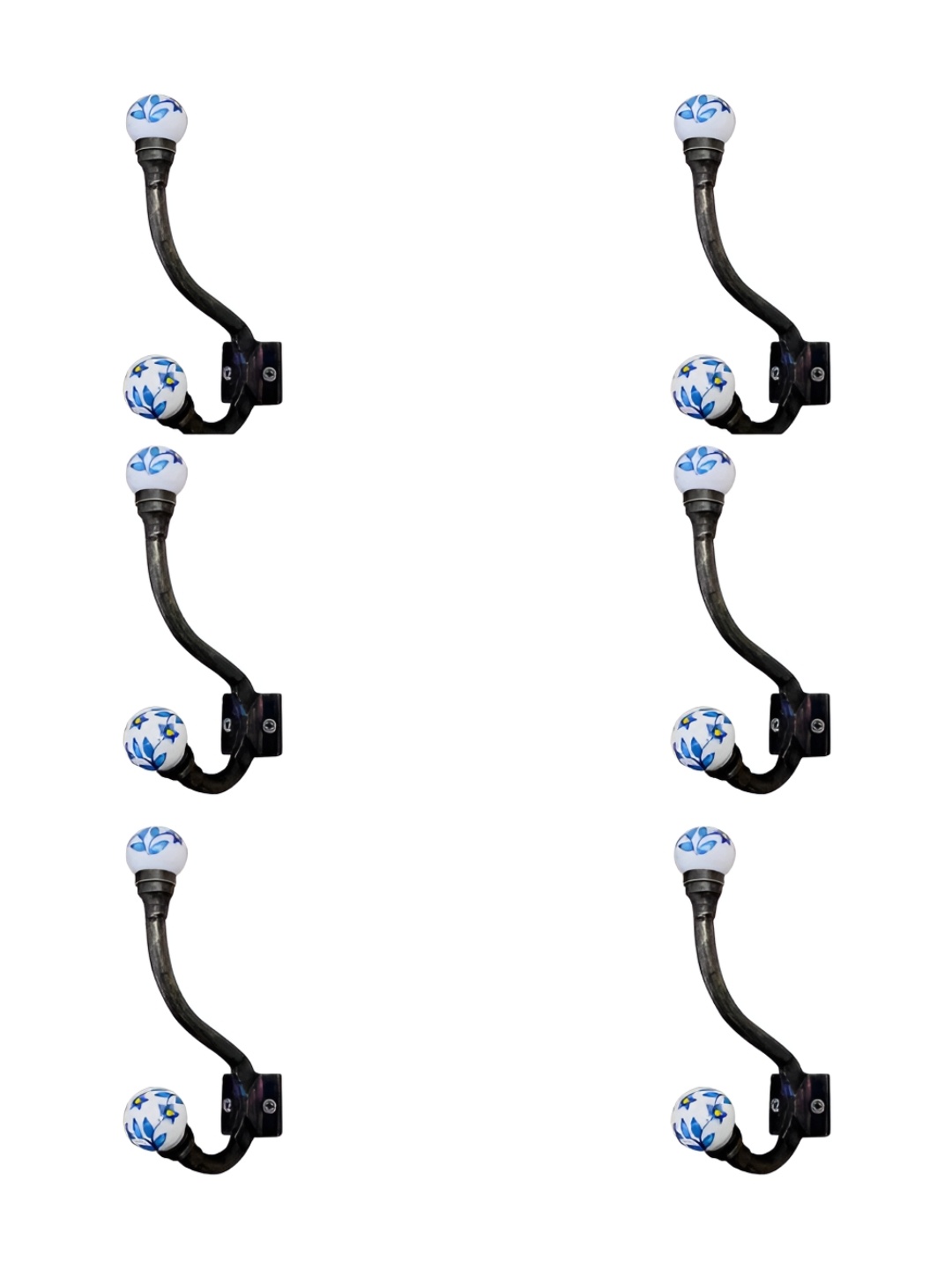 

IndianShelf Black & Blue 6 Pieces Floral Printed Ceramic Wall Hooks