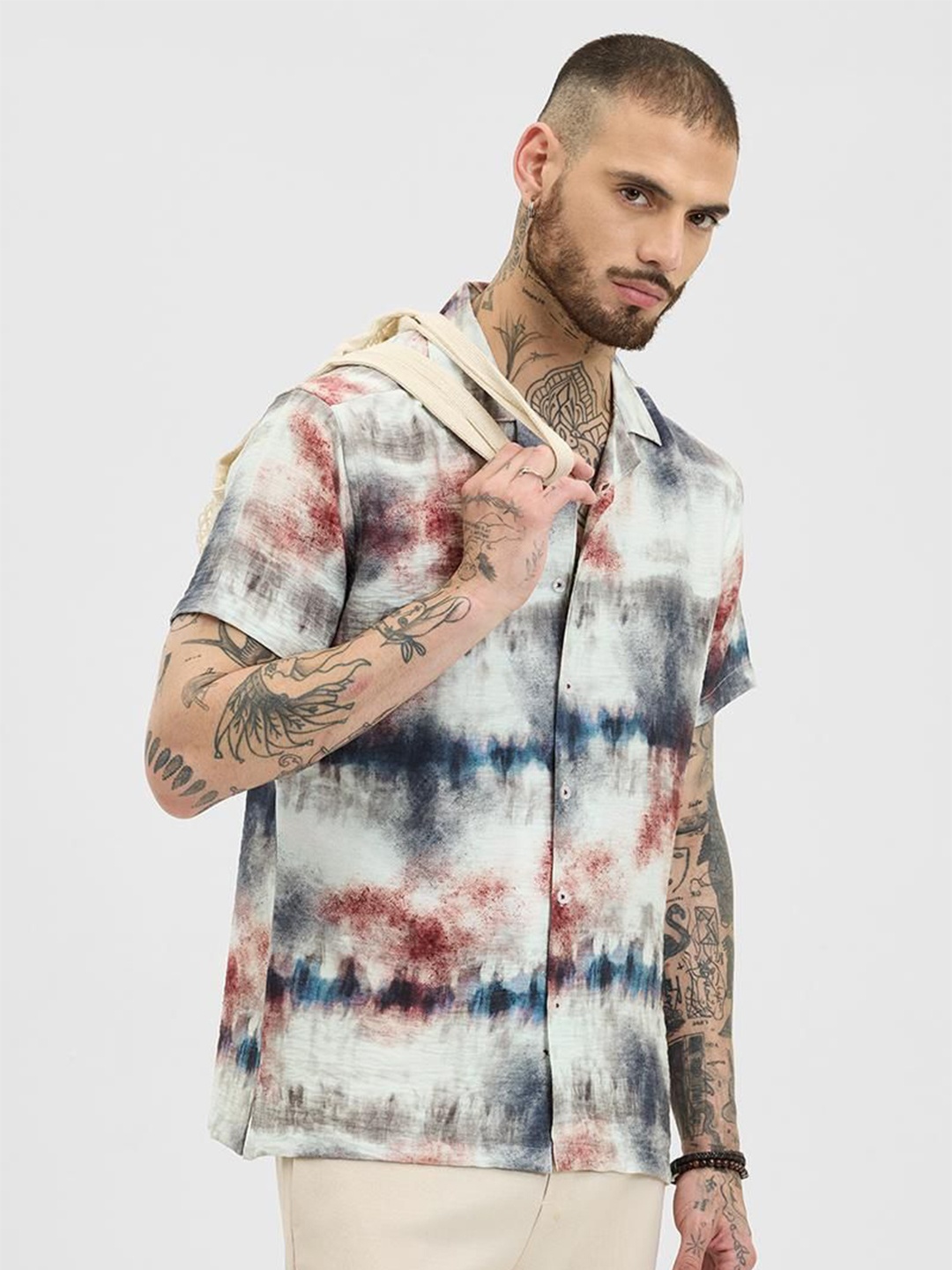 

Snitch Men Relaxed Cuban Collar Abstract Printed Casual Shirt, Navy blue