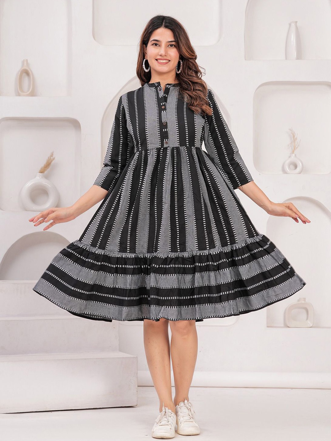 

SARAI CREATIONS Women Striped Fit & Flare Midi Dress, Black