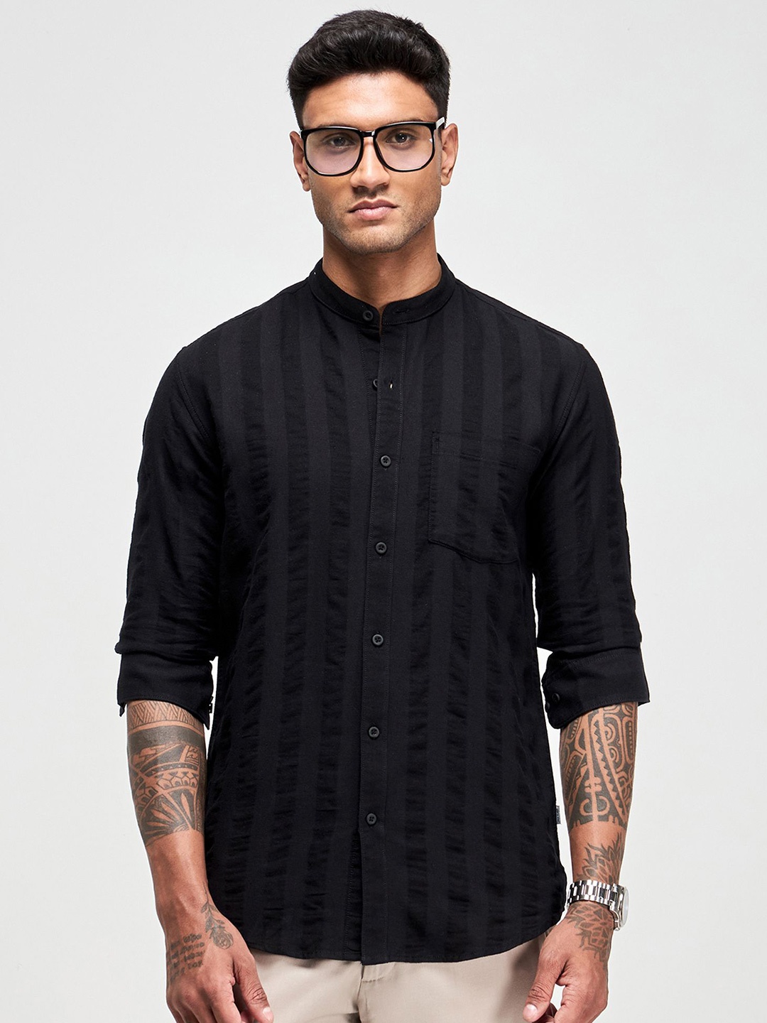 

Red Flame Men Band Collar Textured Cotton Casual Shirt, Black