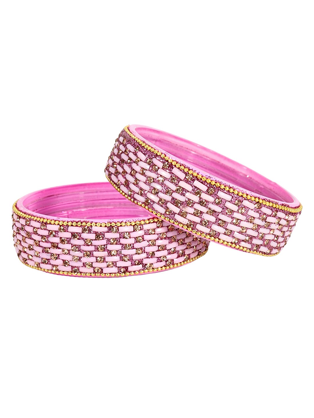 

ZULKA Set of 2 Glass Zircon Diamond & Beads Work Kada Bangles, Pink