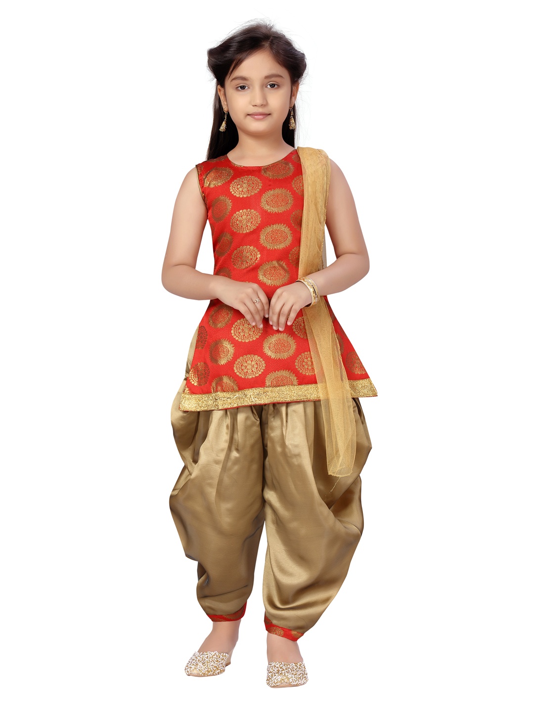 

Sangria Girls Self Design Pure Silk Straight Kurti & Patiala Salwar With Dupatta, Red