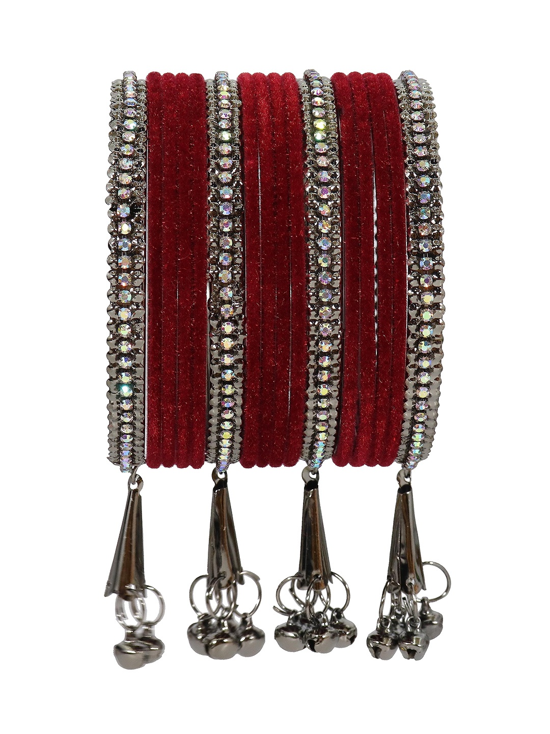 

ZULKA Set Of 16 Velvet Zircon Studded Glass Bangles, Maroon