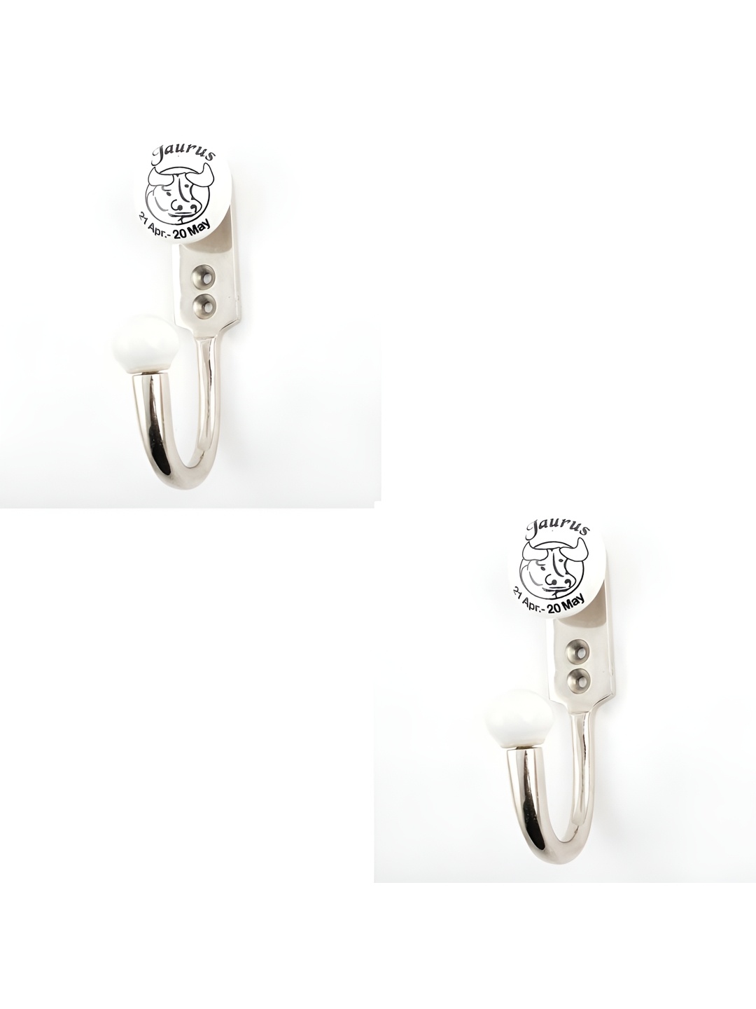 

IndianShelf Silver-Toned & White 2 Pieces Taurus Printe Ceramic Wall Hooks
