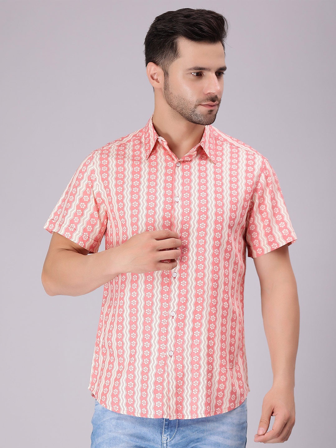 

HERE&NOW Men Comfort Spread Collar Floral Printed Cotton Casual Shirt, Beige