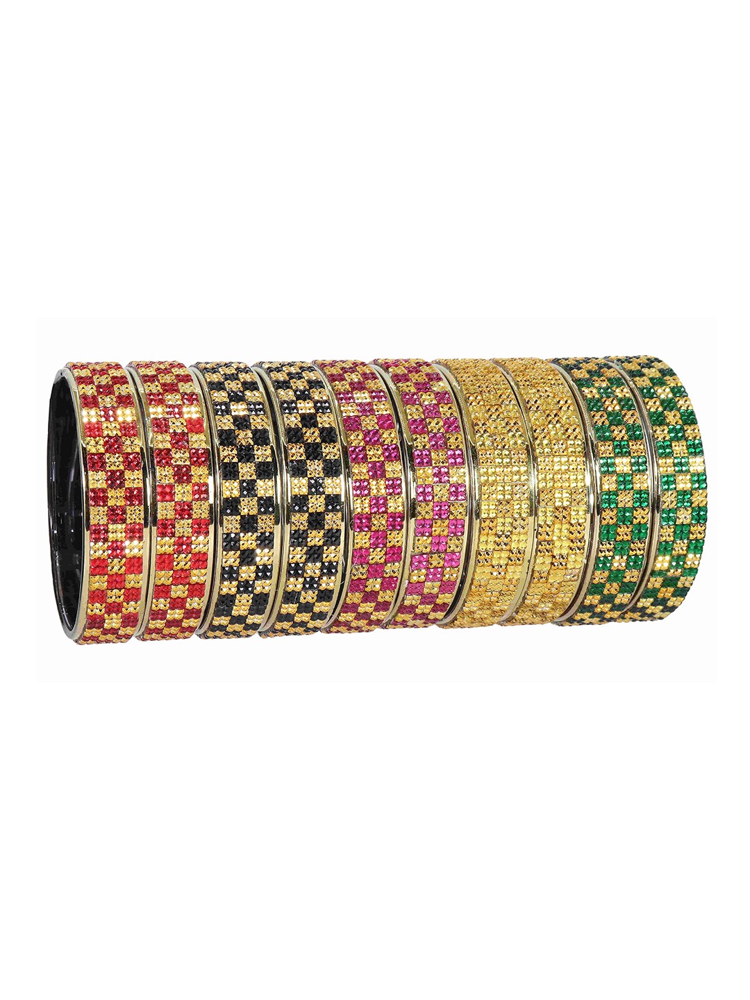 

ZULKA Set of 10 Golden Glass & Beads Work Kada Bangles, Multi
