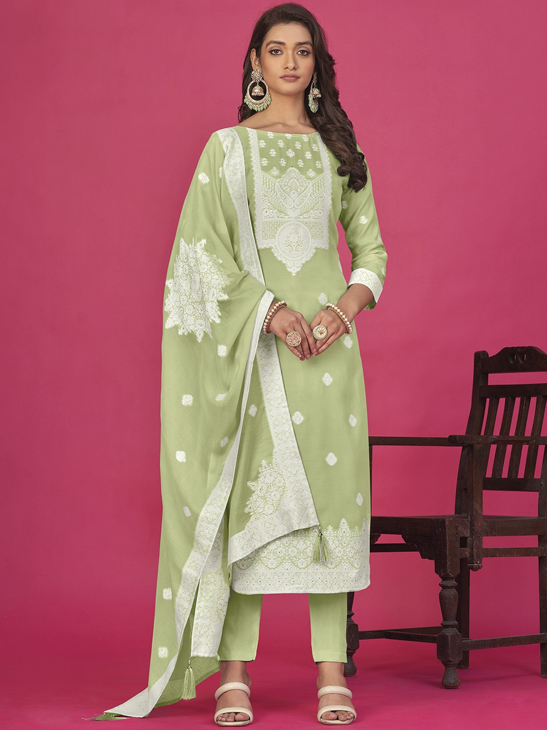

KSM PRINTS Floral Embroidered Organza Unstitched Dress Material, Green