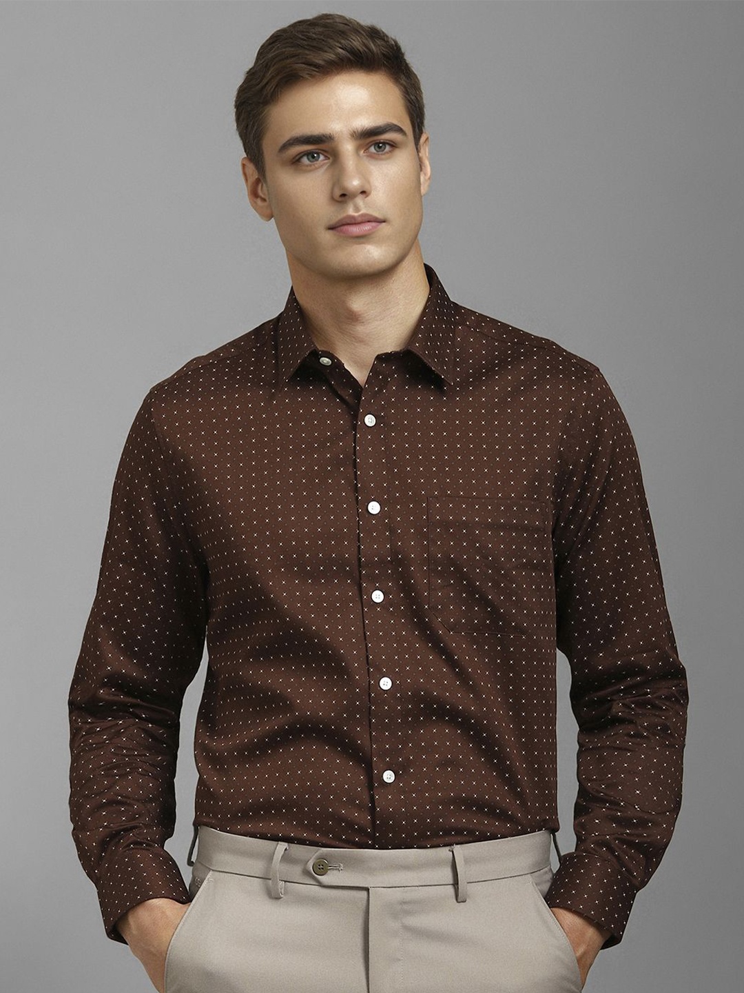 

Louis Philippe Men Classic Spread Collar Micro Ditsy Printed Cotton Formal Shirt, Brown