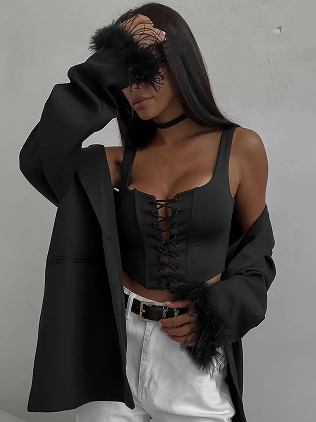 

LULU & SKY Feather Detail Single Breasted Oversized Blazer, Black