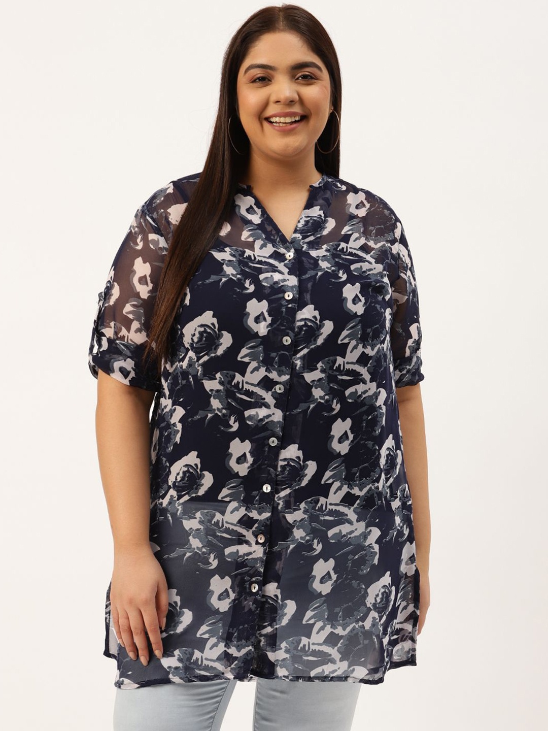 

theRebelinme Women Plus Size Relaxed Collarless Floral Printed Oversized Casual Shirt, Navy blue