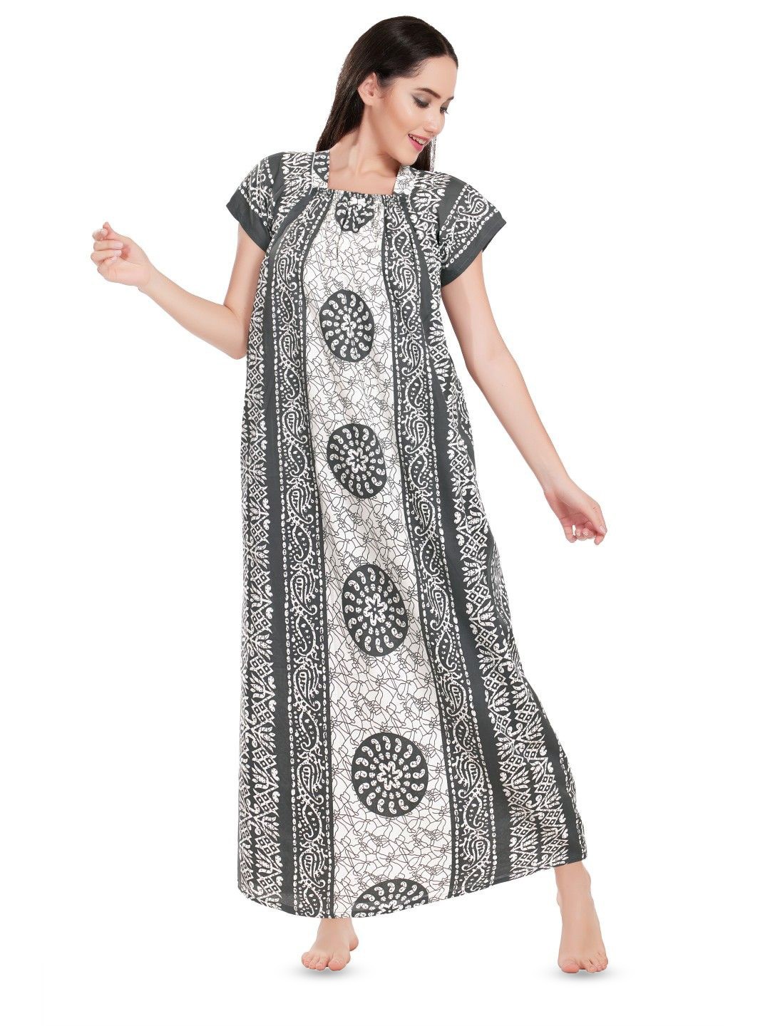

Zionity Women Square Neck Floral Printed Maxi Nightdress, Grey