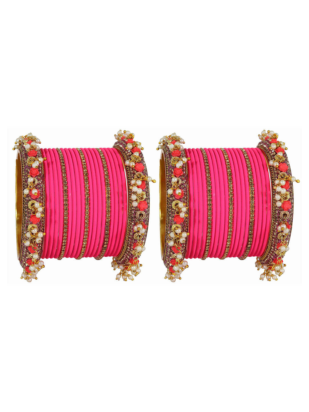 

ZULKA Set of 32 Metal Zircon Gemstone Studded & Velvet Finish Latkan Bangles, Maroon